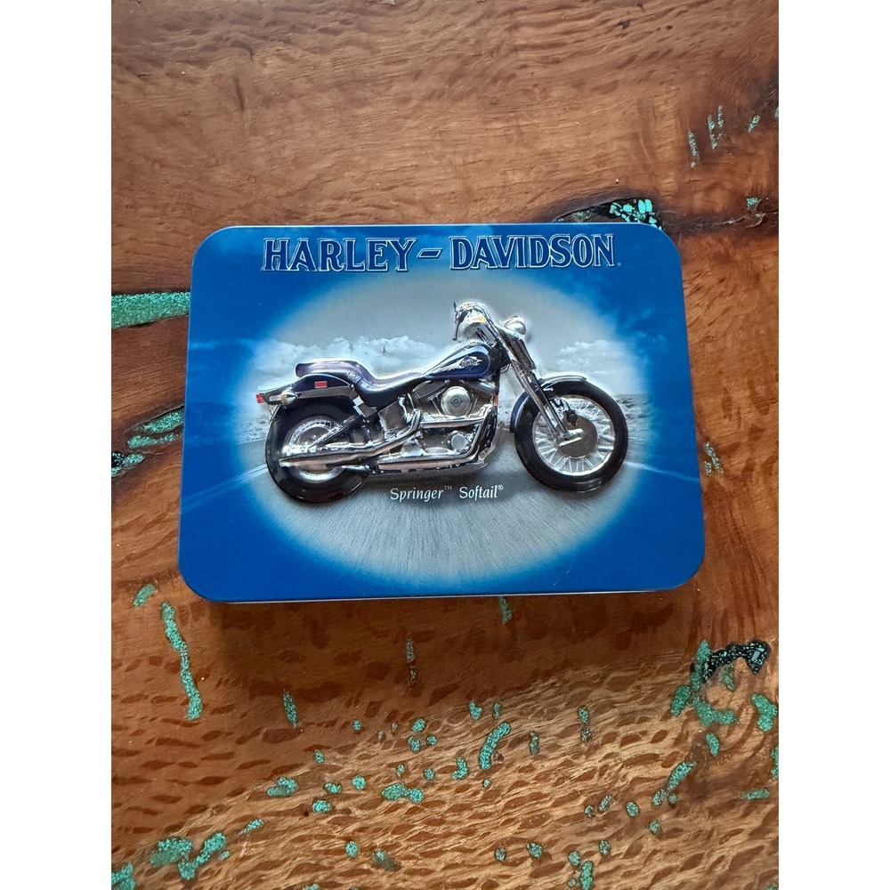 Harley-Davidson Springer Softail Playing Cards Set in Embossed Metal Tin Blue